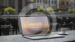 Mockup blank screen laptop on wood table in co-working space.