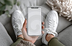Mockup of a blank smartphone screen held with sneakers in the background