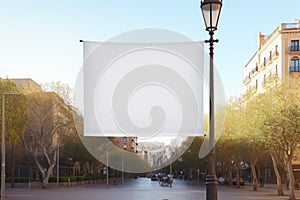 A mockup of a blank white polyester banner hanging from the top of a lamppos. Generative AI photo