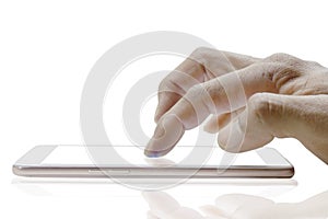 Mockup of a blank white screen cell phone. Man hand holds smartphone using mobile for message chat. White background empty space