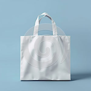 Mockup on blue background minimalism, white fabric bag, handbag mockup