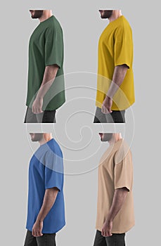 Mockup of blue, green, yellow, beige oversized t-shirt on bearded man, side view, shirt for design. Set