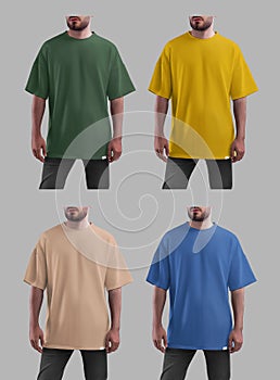 Mockup of blue, green, yellow, beige, tan oversized t-shirt on bearded man, front view, shirt label for design, branding,