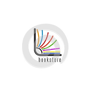 Mockup book logo, flipping colored pages of the book, emblem of the bookstore or library