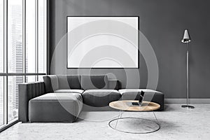 Mockup canvas in dark living room with black sofa on marble floor