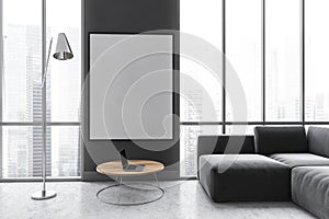 Mockup canvas in dark living room with black sofa on marble floor