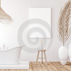 Mockup canvas in minimalist white bathroom interior
