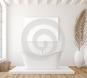 Mockup canvas in minimalist white bathroom interior