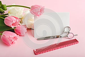 Mockup certificate, gift voucher of hairdresser, beauty salon. Beauty services. White blank card with space for text, mock up,