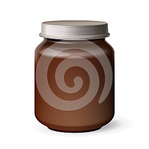 Mockup Chocolate Brown Glass Jar. Organic Baby Food Puree. Illustration Isolated On White Background. Mock Up Template