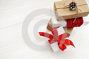 Mockup Christmas Gift Box On Wooden Background With Snowflakes, Greeting card Merry Christmas and Happy New Year