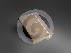 Mockup of closed craft notebook with white band, textured hard cover, brown pages, isolated with shadows on gray background