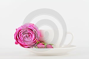 Mockup of coffee cup and rose flower on white desk with clean space for text and design your blogging.