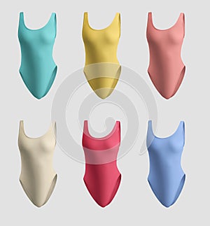 Mockup of colored sports swimwear 3D rendering, template mokini for design, print, pattern, branding, front view. Set