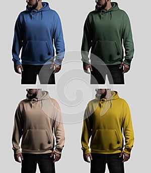 Mockup of colorful oversized hoodies with pocket, ties, streetwear on bearded man, isolated on background, front view