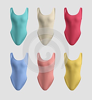 Mockup of colorful sports swimwear 3D rendering, one piece swimwear, isolated on background, front view. Set