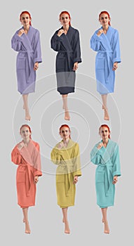 Mockup of colorful terry robes with a belt on a full-length red-haired girl, front view, isolated on the background. Set