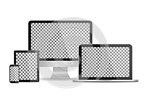 Mockup of computer monitor, laptop, tablet, phone isolated on white background. Set of mockup devices with screen. Modern