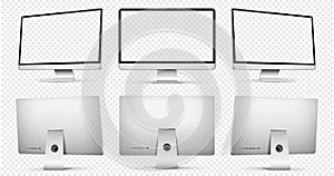 Mockup of computer screen. Computer display front and back view on transparent background