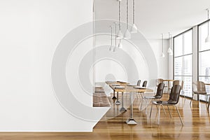 Mockup copy space in wooden cafe interior with table and chairs, open space restaurant