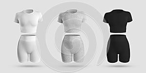 Mockup crop top, cycling shorts, compression suit 3D rendering in white, black, gray heather, isolated on background