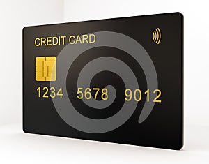 Mockup of a 3D credit debit black card in a flat design. For a presentation, create a credit card template. Isolated on a white