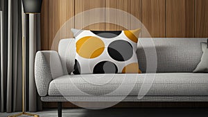 Mockup of a decorative pillow with geometric patterns placed on a modern sofa