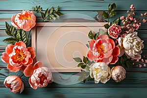 Mockup with delicate peonies on blue wooden table with frame, flat lay. Flower card generated AI
