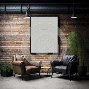 Mockup for displaying a poster. Bright industrial style living room interior. Brick wall, minimalist on a dark