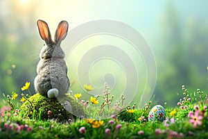 mockup easter egg and chubby cute bunny on green meadow