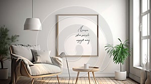 A mockup of an empty, blank poster, centered frame, in a midcentury modern living room. Generative AI