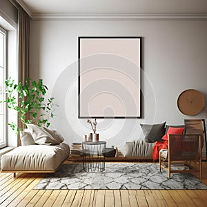 a mockup of an empty, blank poster, frame empty, in a bohemian Living Room with generative Ai