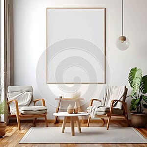 a mockup of an empty, blank poster, frame empty, in a bohemian Living Room with generative Ai