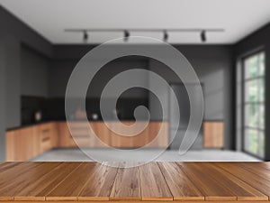 Mockup empty countertop on blurred background of home kitchen interior