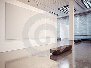 Mockup of empty gallery with bench. 3d render