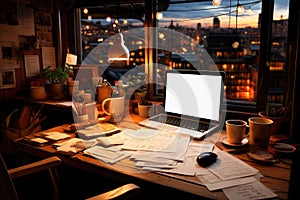 Mockup of an empty laptop screen with a copy space on the table at home under the light from a desk lamp by the window with a view