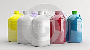 Mockup of empty multi-colored bottles in a row of household chemicals on a plain black background.