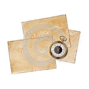 Mockup of empty old vintage yellowed cards and pocket watch