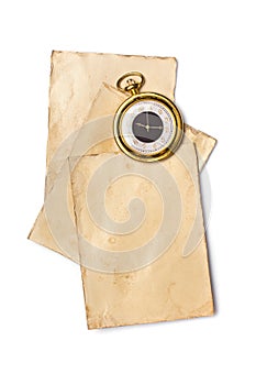 Mockup of empty old vintage yellowed cards and pocket watch