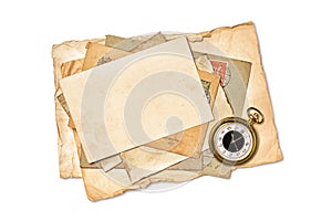 Mockup of empty old vintage yellowed paper and pocket watch