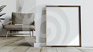 Mockup empty picture frame on floor in living room - Scandinavian interior design, generative ai