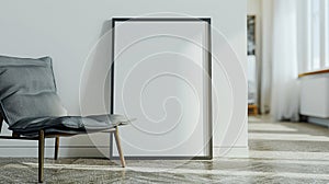 Mockup empty picture frame on floor in living room - Scandinavian interior design, generative ai