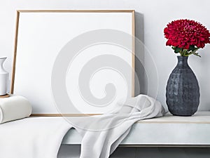 Mockup of an empty vertical photo frame. With a linen blanket is a mid-century sofa.