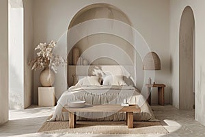Mockup with empty wall in minimalistic interior, bedroom with beige bed, large window and wooden furniture, style of