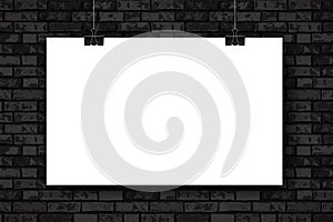 Mockup with empty white horizontal poster on black brick wall background. Trendy portfolio blanc space frame background. Vector