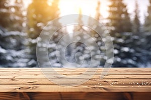 Mockup of empty wooden display product stand, table with blurred snow pine trees forest in morning sunlight, peaceful winter