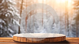 Mockup of empty wooden display, round wood product stand with blurred snow pine trees forest in morning sunlight, peaceful winter