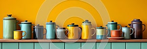 Mockup enamelware on yellow, purple and green background. Ad posters. Minimalistic color enamel objects.