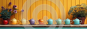 Mockup enamelware on yellow, purple and green background. Ad posters. Minimalistic color enamel objects.