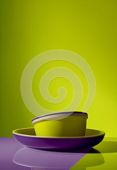 Mockup enamelware on yellow, purple and green background. Ad posters. Minimalistic color enamel objects.